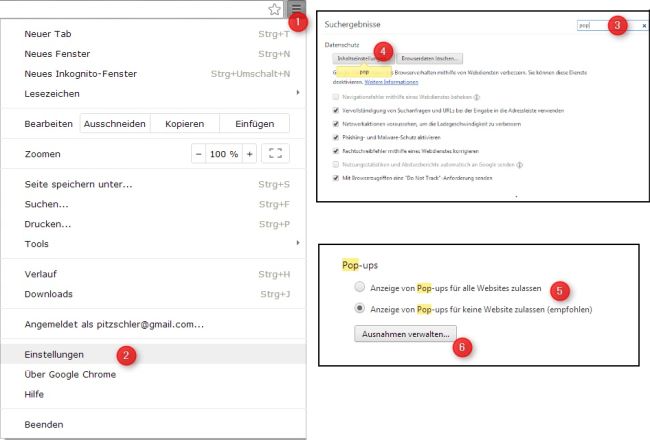 Ansicht der Pop-Up-Einstellungen bei Chrome